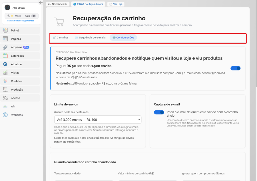 Barra de abas da Recuperação de carrinho com Carrinhos, Sequência de e-mails e Configurações, aberta em Configurações