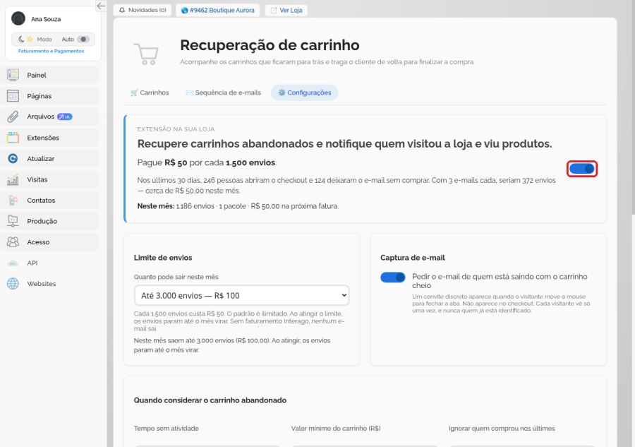 Aba Configurações com o interruptor da recuperação ligado e a estimativa de envios e valor dos últimos 30 dias
