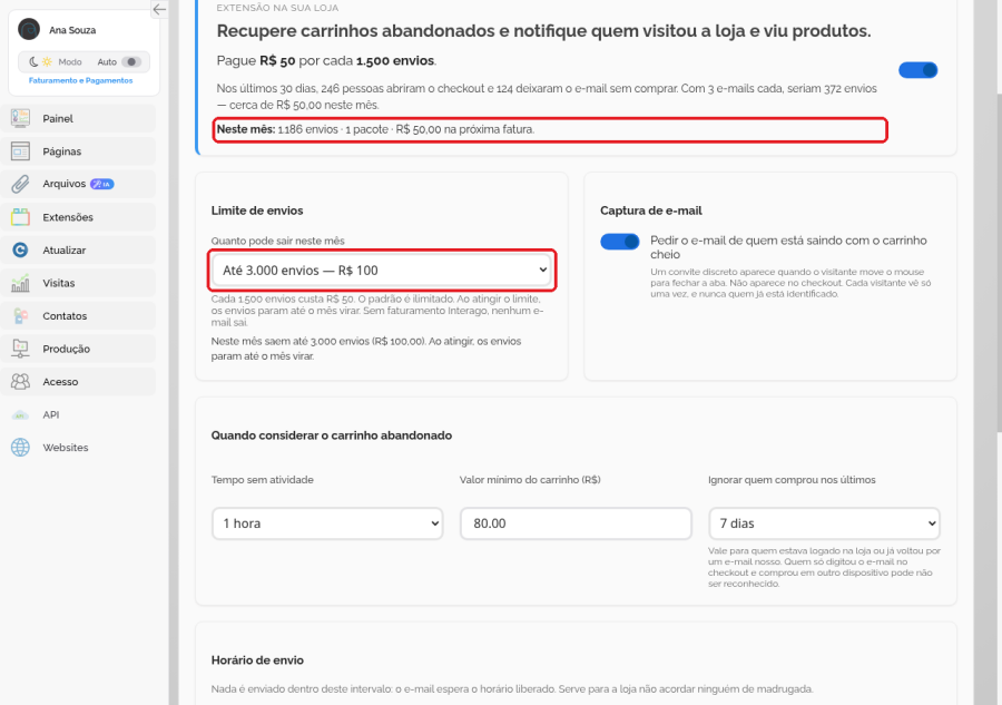 Bloco Limite de envios com o teto mensal escolhido e a linha Neste mês com envios, pacotes e valor na próxima fatura