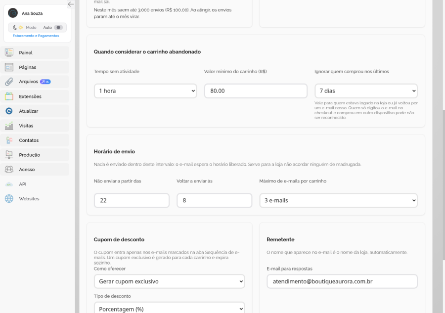Ajustes de tempo sem atividade, valor mínimo do carrinho, quem ignorar, horário silencioso e máximo de e-mails por carrinho