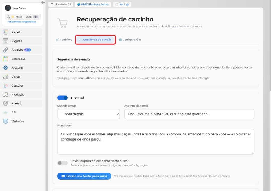 Aba Sequência de e-mails aberta mostrando o card do 1º e-mail com atraso, assunto e mensagem