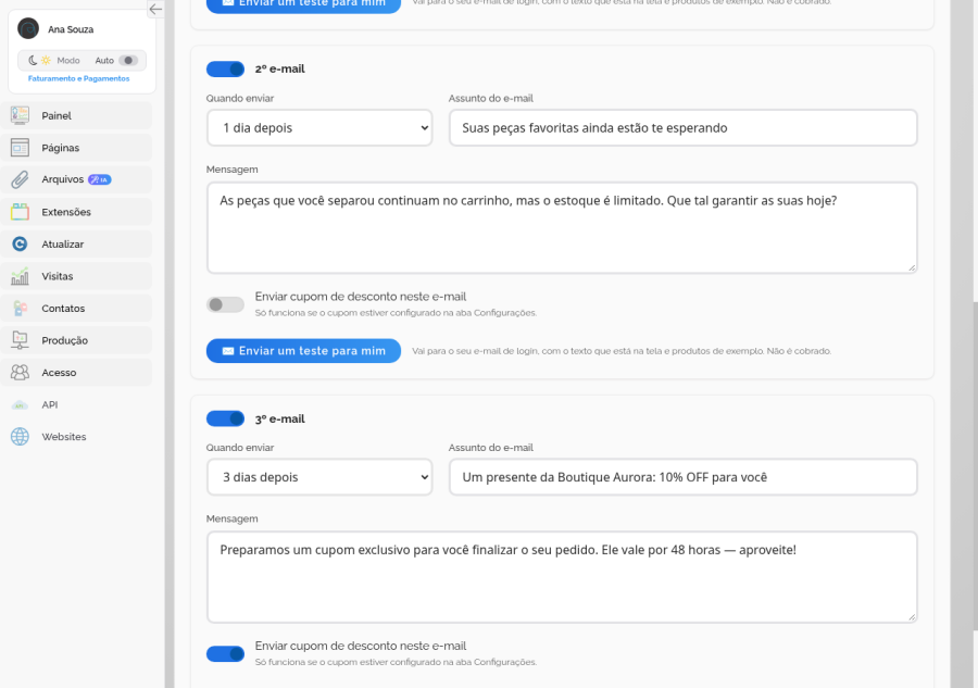 Cards do 2º e do 3º e-mails com atraso, assunto, mensagem e a opção de enviar cupom ligada no 3º