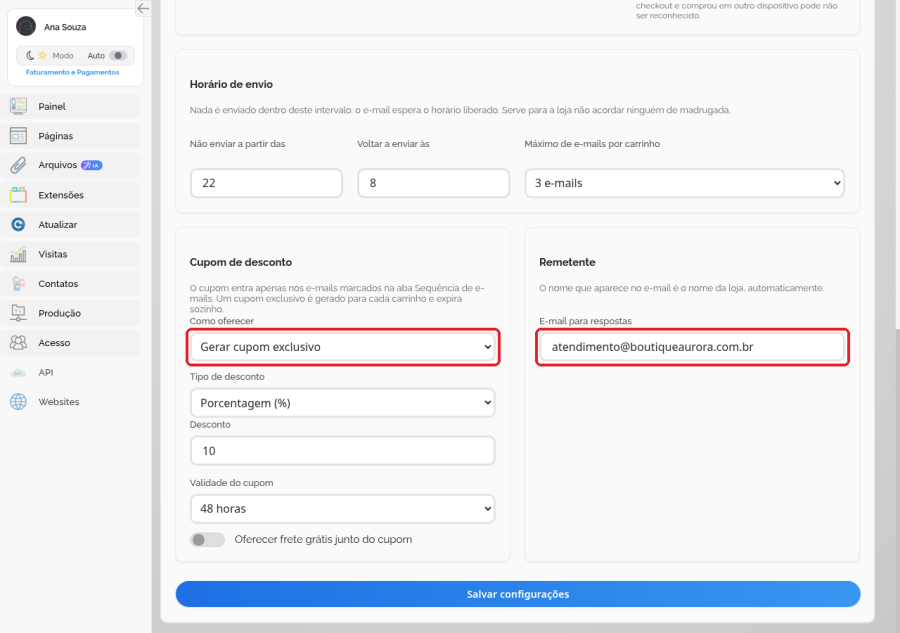 Aba Configurações com cupom exclusivo de 10% válido por 48 horas e o campo de e-mail de resposta