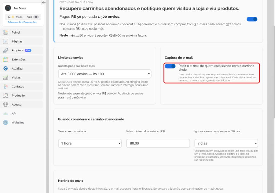 Bloco Captura de e-mail com a opção Pedir o e-mail de quem está saindo com o carrinho cheio ligada