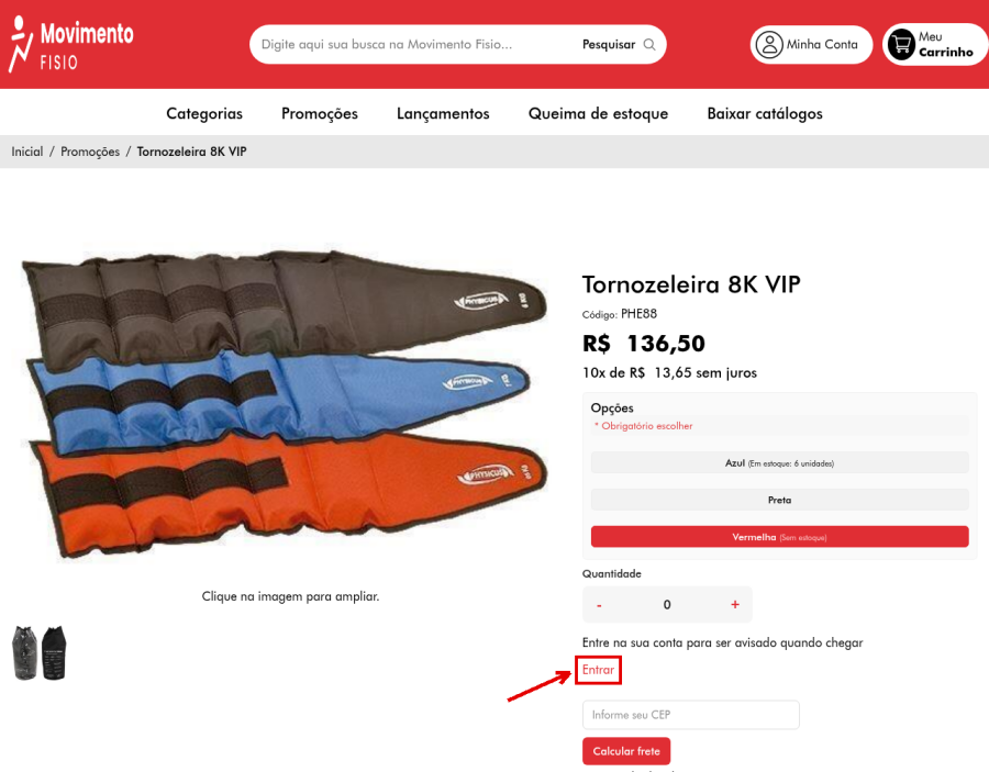Página da Tornozeleira 8K VIP com a cor Vermelha sem estoque, a mensagem de produto esgotado e o link Login para receber aviso