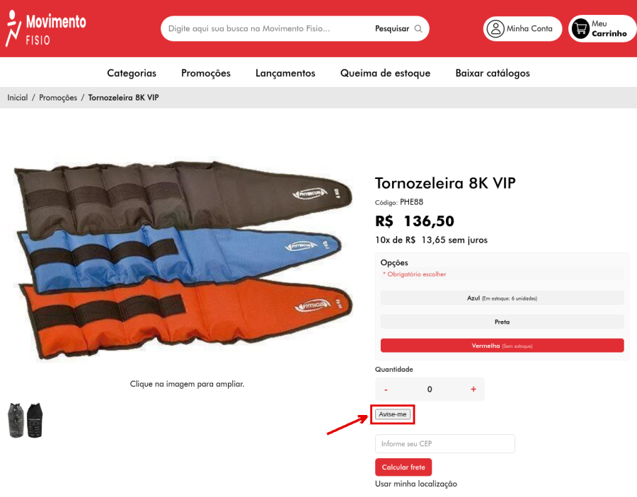 Página do produto com o cliente logado, a cor Vermelha selecionada e o botão Quero ser avisado no lugar da compra