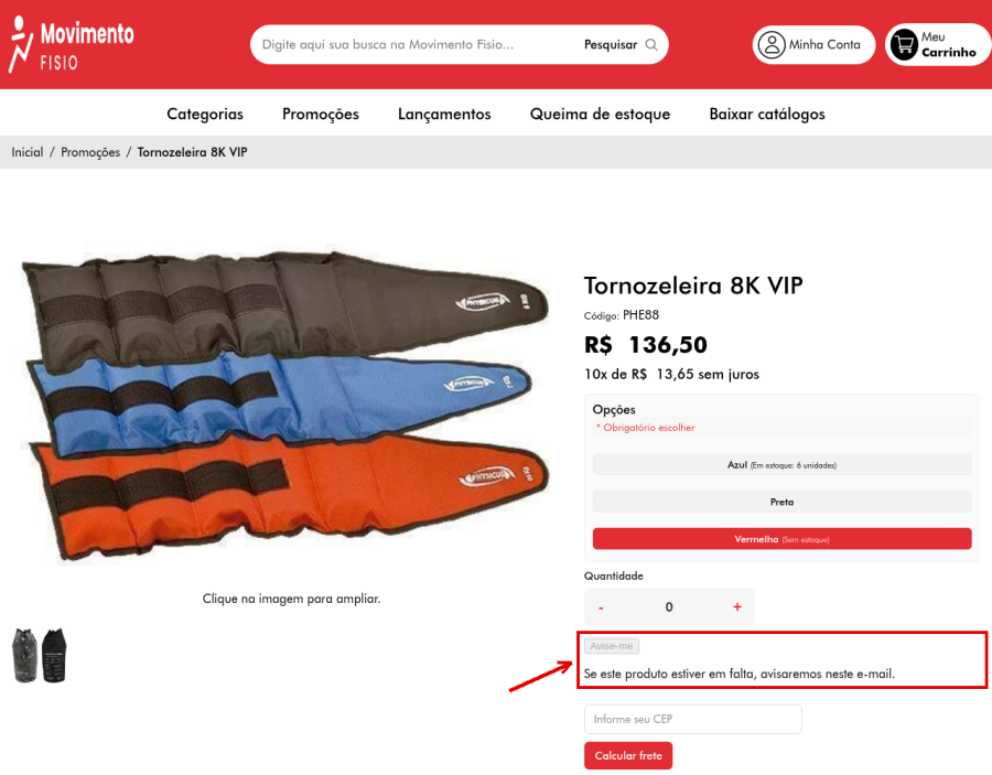 Página do produto depois do clique, com o botão Quero ser avisado desabilitado e a mensagem de confirmação por e-mail