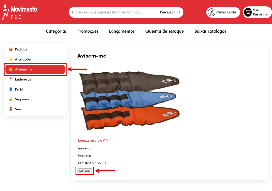 Área Minha conta da loja com o menu Avisem-me e os cartões de avisos pedidos, com situação Pendente e o botão Cancelar