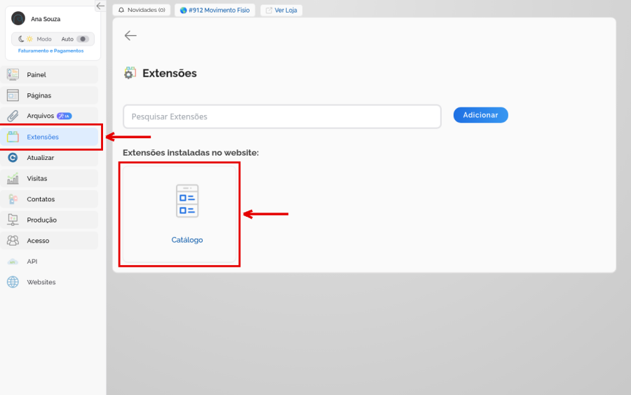 Tela Extensões do painel com o menu Extensões e o card Catálogo destacados