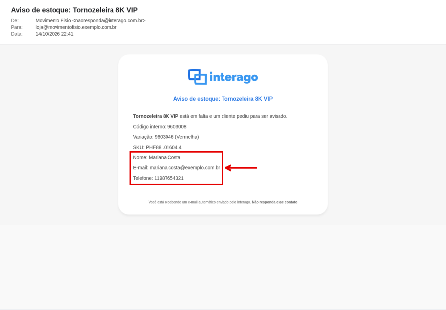 E-mail Aviso de estoque: Tornozeleira 8K VIP, com o nome, o e-mail e o telefone do cliente destacados