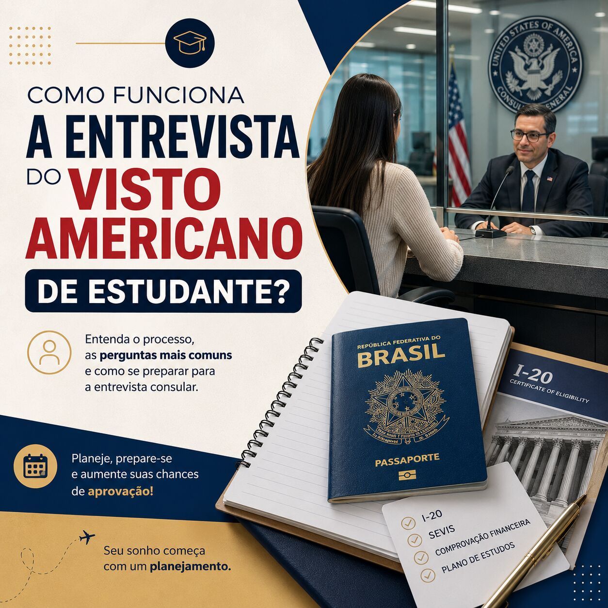 Imagem ilustrativa para o artigo Como funciona a entrevista do visto americano de estudante? da Now Vistos