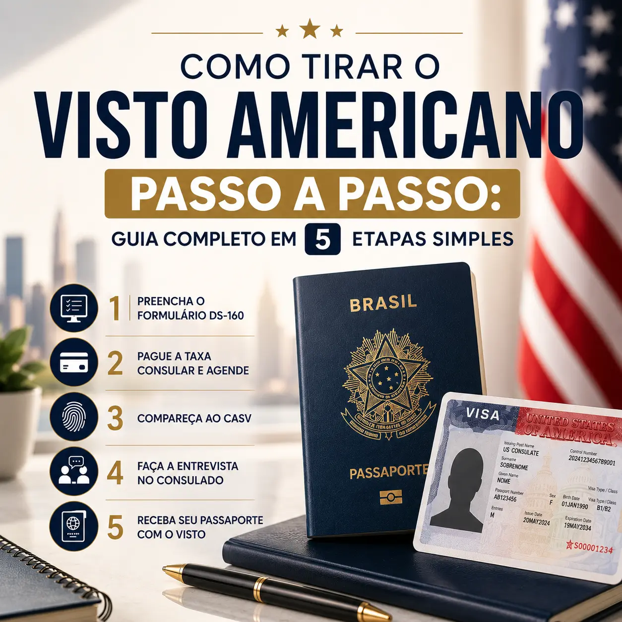 Imagem ilustrativa para o artigo Como tirar o visto americano passo a passo: guia completo em 5 etapas simples da Now Vistos