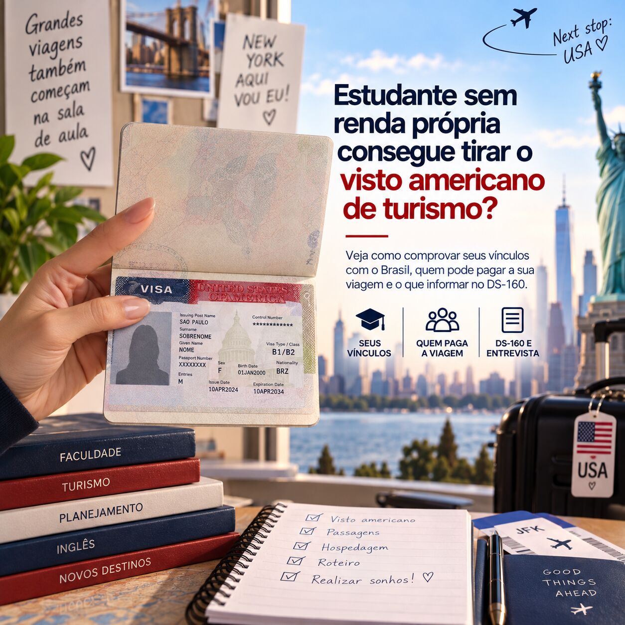 Imagem ilustrativa para o artigo Estudante sem renda própria consegue tirar o visto americano de turismo? da Now Vistos