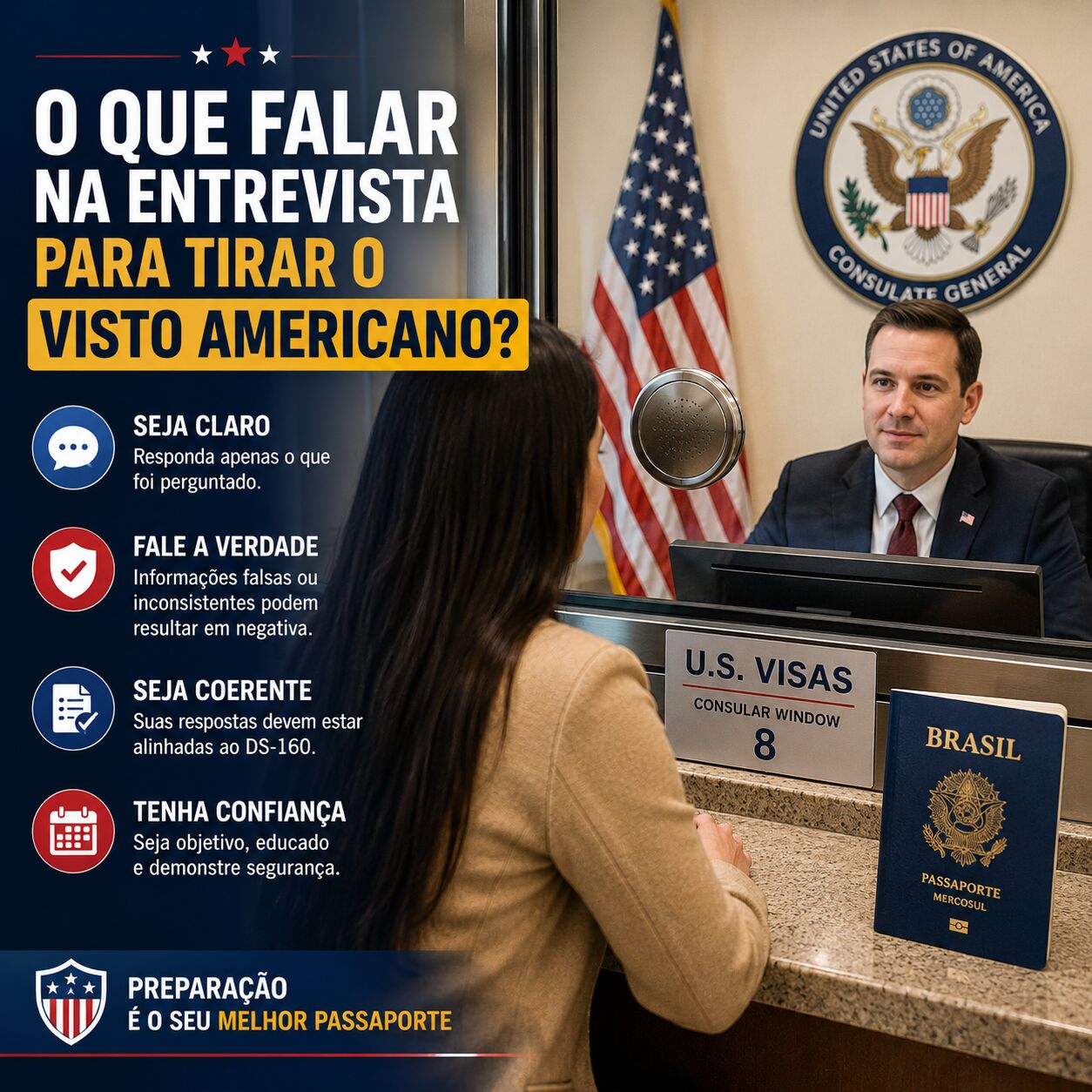 Imagem ilustrativa para o artigo O que falar na entrevista para tirar o visto americano? da Genuína Conexão
