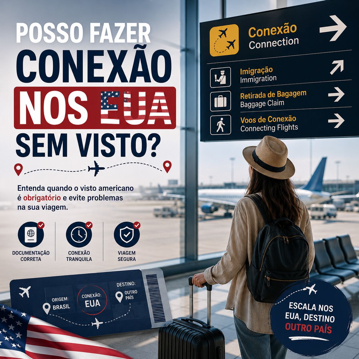 Imagem ilustrativa para o artigo Posso fazer conexão nos EUA sem visto? da Genuína Conexão