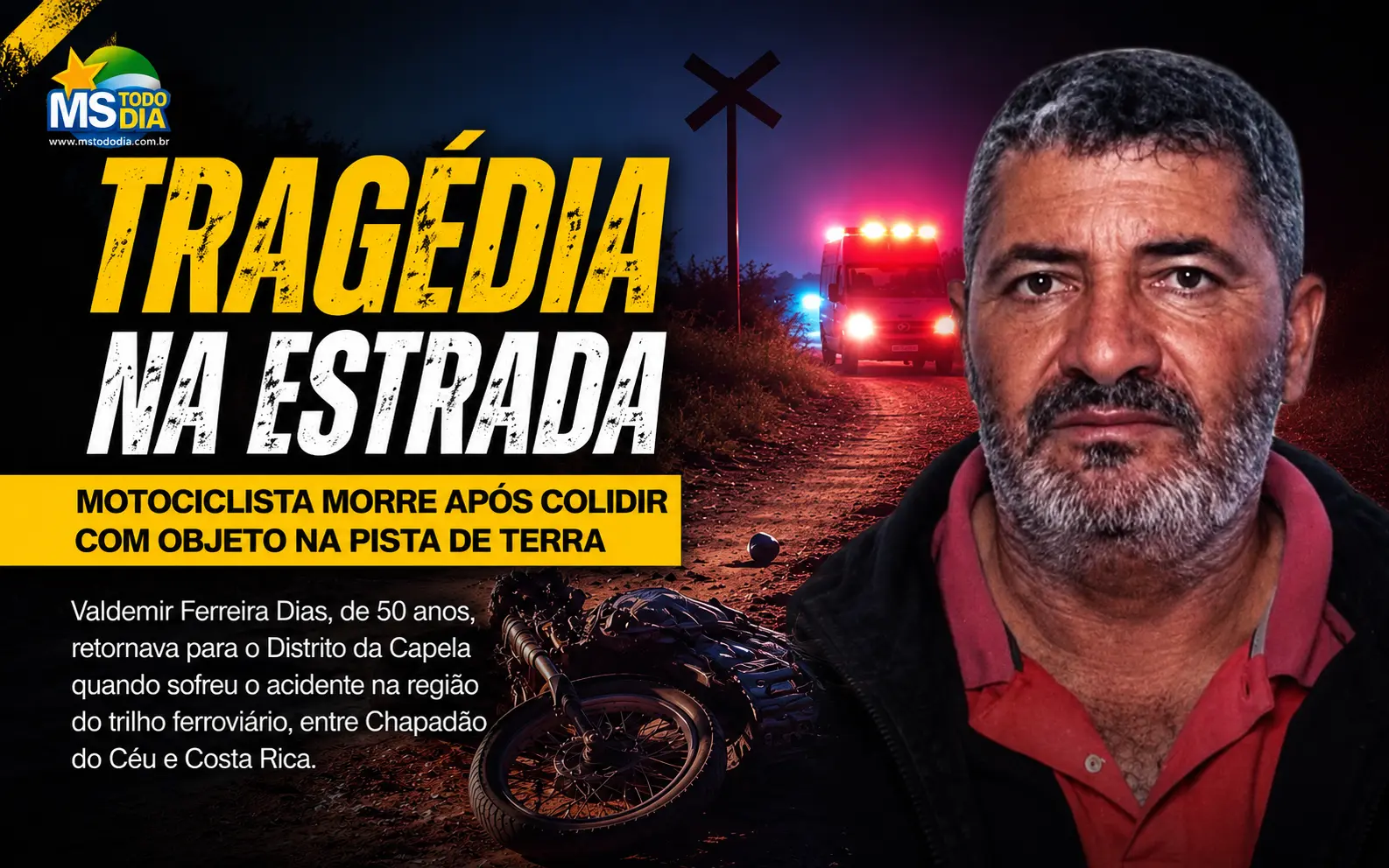 Ilustração da notícia Motociclista de Costa Rica morre após colidir com objeto na estrada de terra em acesso a Chapadão do Céu