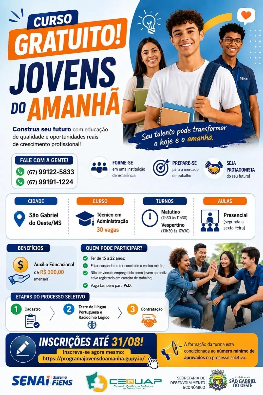 Imagem da notícia São Gabriel do Oeste abre inscrições para curso Técnico em Administração do Programa Jovens do Amanhã