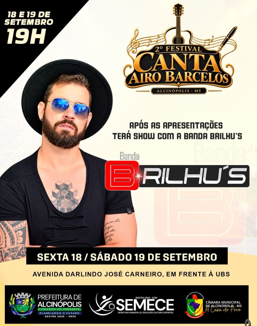 Imagem da notícia Alcinópolis recebe 2º Festival Canta Airo Barcelos com duas noites de música e apresentação da Banda Brilhu’s