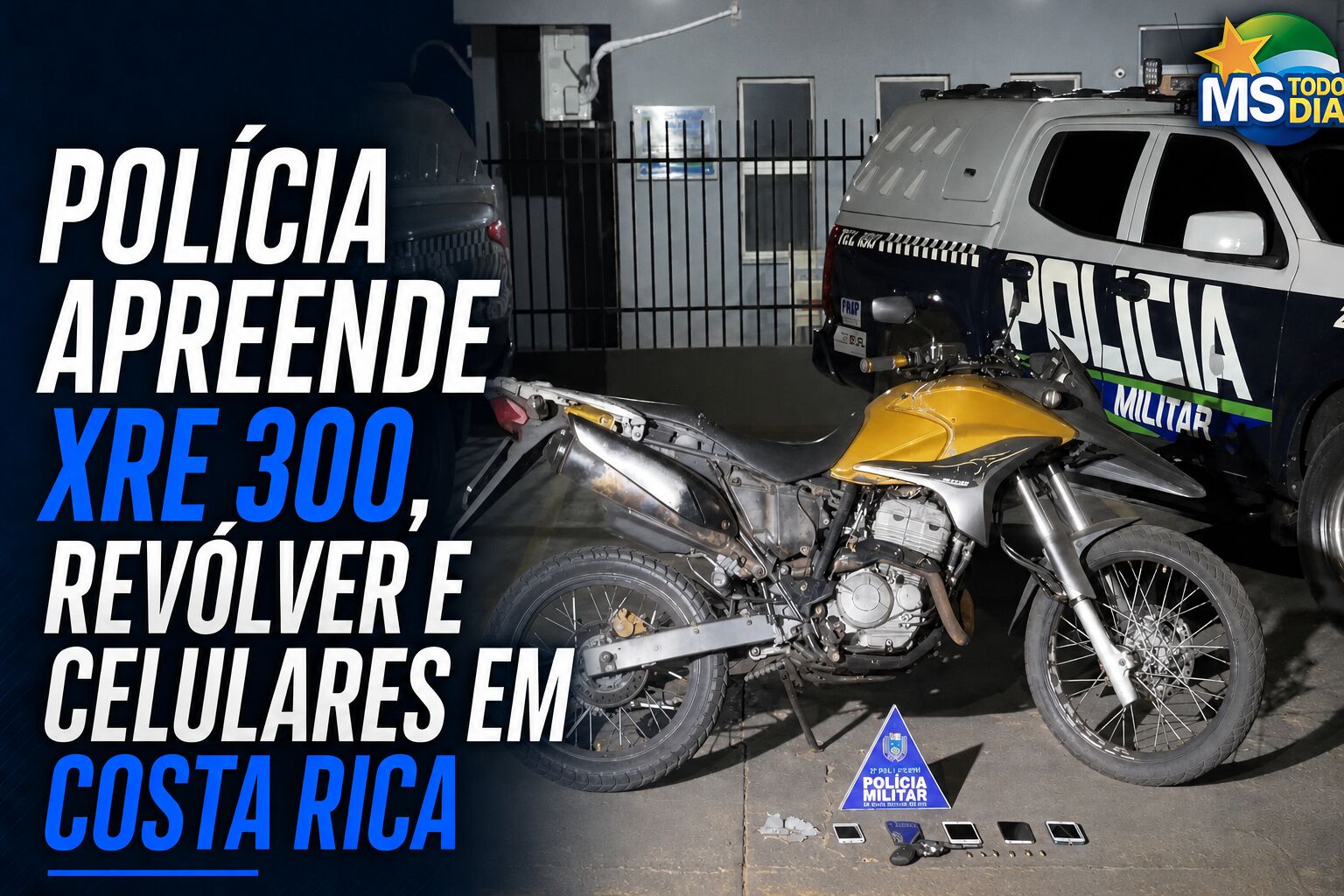Imagem ilustrativa da matéria Polícia apreende Xre 300, celulares e revólver com seis munições em Costa Rica