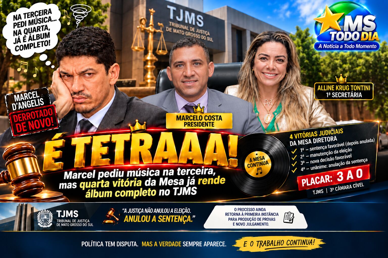Imagem ilustrativa da matéria É TETRAAA! Marcel pediu música na terceira, mas quarta vitória da Mesa já rende álbum completo no TJMS
