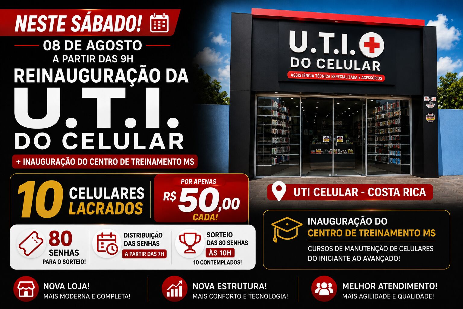 Imagem da notícia U.T.I. do Celular reinaugura neste sábado 10 celulares lacrados por R$ 50 e acessórios com até 85% de desconto