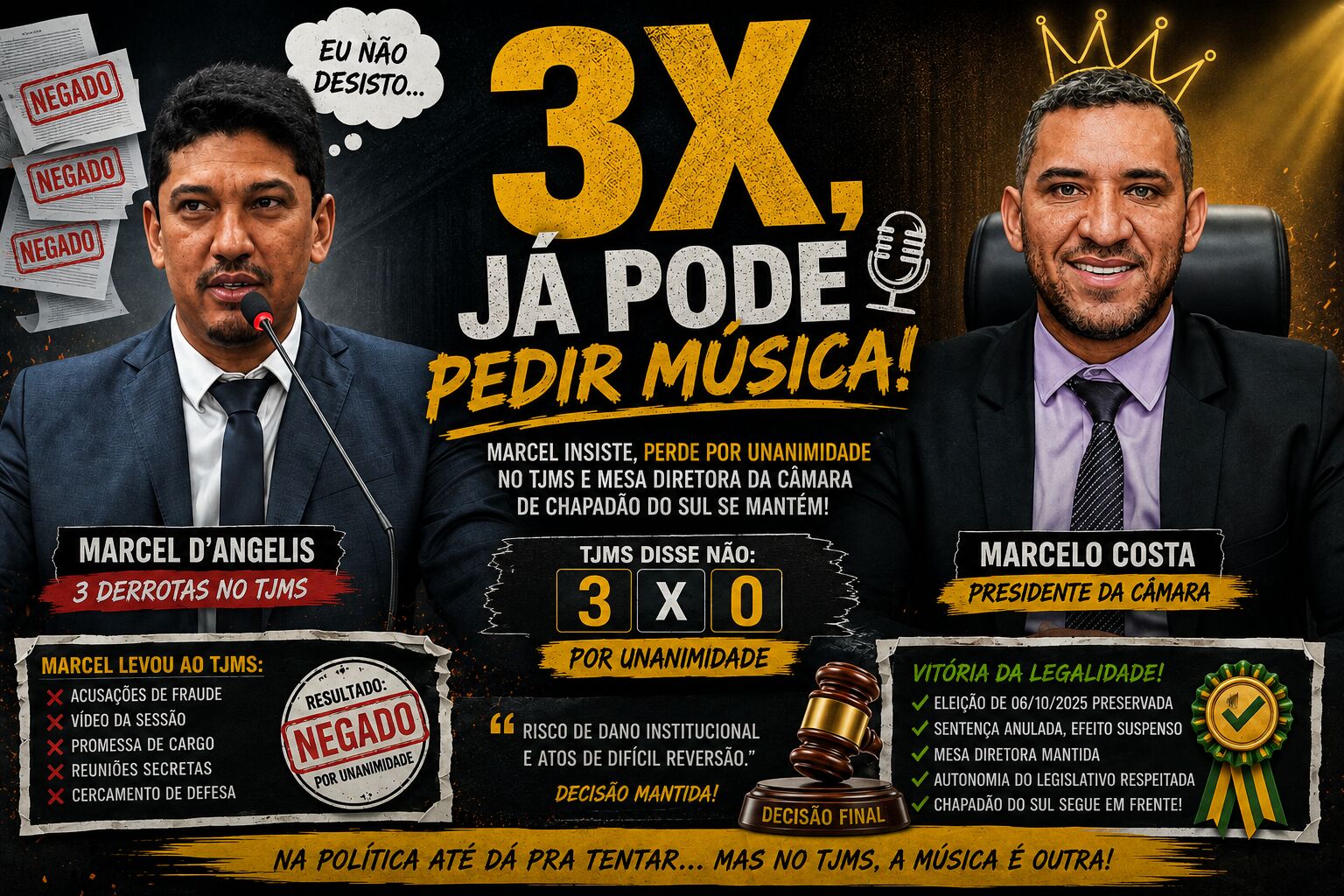 Imagem ilustrativa da matéria 3x, já pode pedir música: Marcel sofre nova derrota no TJMS e Mesa Diretora da câmara de Chapadão do Sul é mantida