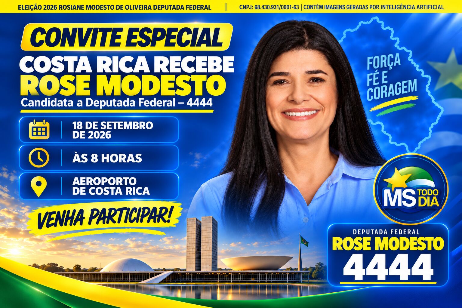 Imagem da notícia Rose Modesto chega a Costa Rica às 8h nesta sexta; carreata seguirá até o centro com visita ao comércio