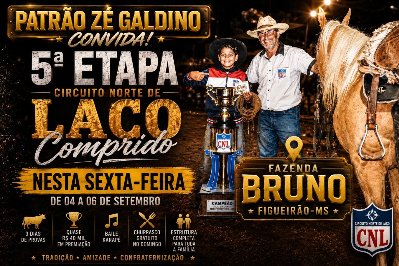 Imagem ilustrativa da matéria Patrão Zé Galdino faz convite a Figueirão e região para o Circuito Norte de Laço Comprido na Fazenda Bruno
