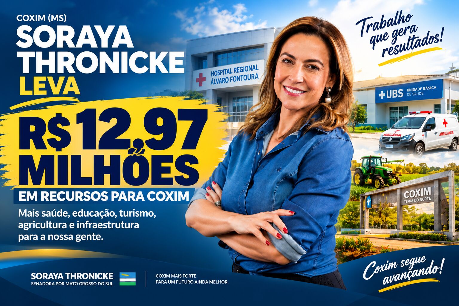 Ilustração da notícia Soraya Thronicke soma R$ 12,97 milhões em recursos para Coxim; investimentos chegam à saúde, educação, turismo da MS Todo dia
