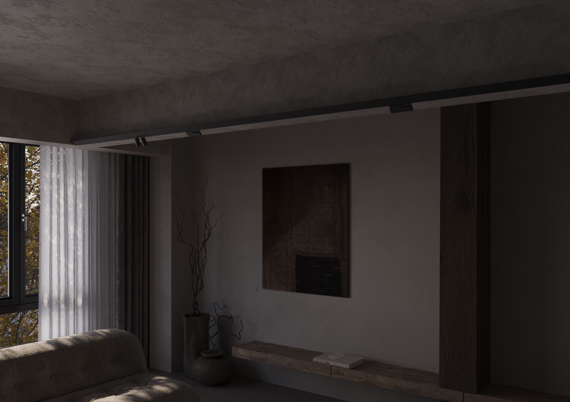 Sala com o FIT10 Wall no teto e a iluminação apagada