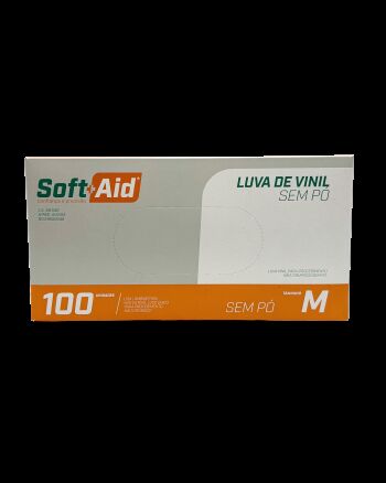 Imagem de Luva de Vinil sem Pó Tamanho M Soft Aid – Caixa com 100 Unidades