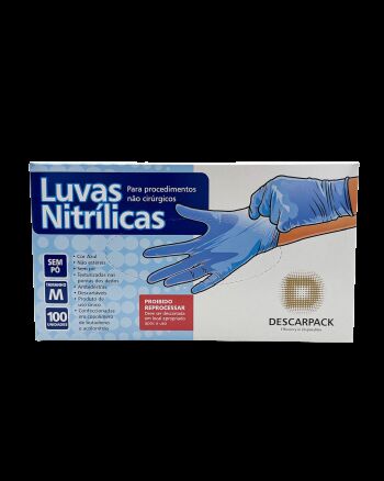 Imagem de Luva Nitrílica sem Pó Azul Tamanho M Descarpack – Caixa com 100 Unidades