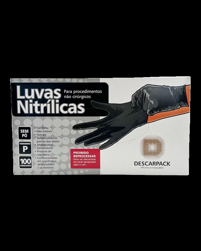 Imagem de Luva Nitrílica sem Pó Preta Tamanho P Descarpack – Caixa com 100 Unidades