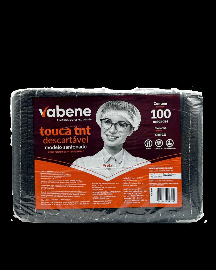 Imagem de Touca Descartável Sanfonada Preta Vabene – Pacote com 100 Unidades