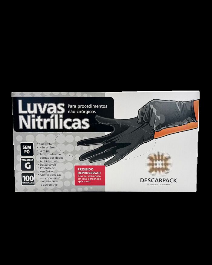Imagem de Luva Nitrílica sem Pó Preta Tamanho G Descarpack – Caixa com 100 Unidades