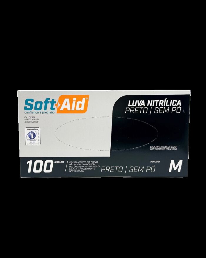 Imagem de Luva Nitrílica sem Pó Preta Tamanho M Soft Aid – Caixa com 100 Unidades