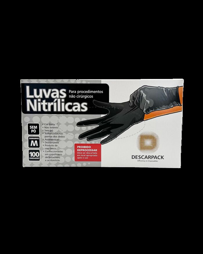 Imagem de Luva Nitrílica sem Pó Preta Tamanho M Descarpack – Caixa com 100 Unidades