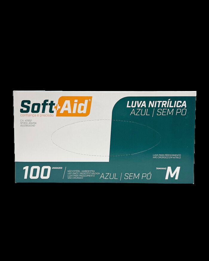 Imagem de Luva Nitrílica sem Pó Azul Tamanho M Soft Aid – Caixa com 100 Unidades