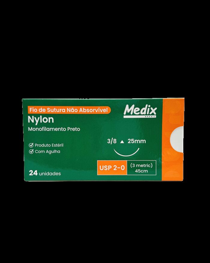 Imagem de Fio de Sutura Nylon 2-0 45 cm com Agulha 25 mm 3/8 Triangular Medix – Caixa com 24 Unidades