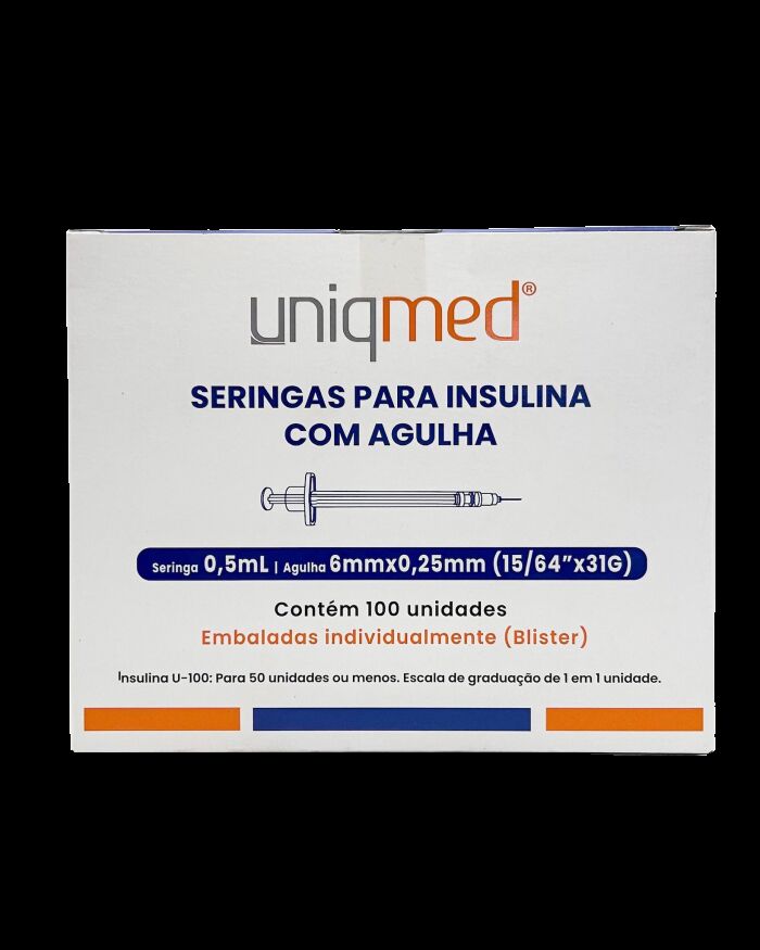 Imagem de Seringa para Insulina 0,5 mL com Agulha 6 mm 31G Uniqmed – Caixa com 100 Unidades