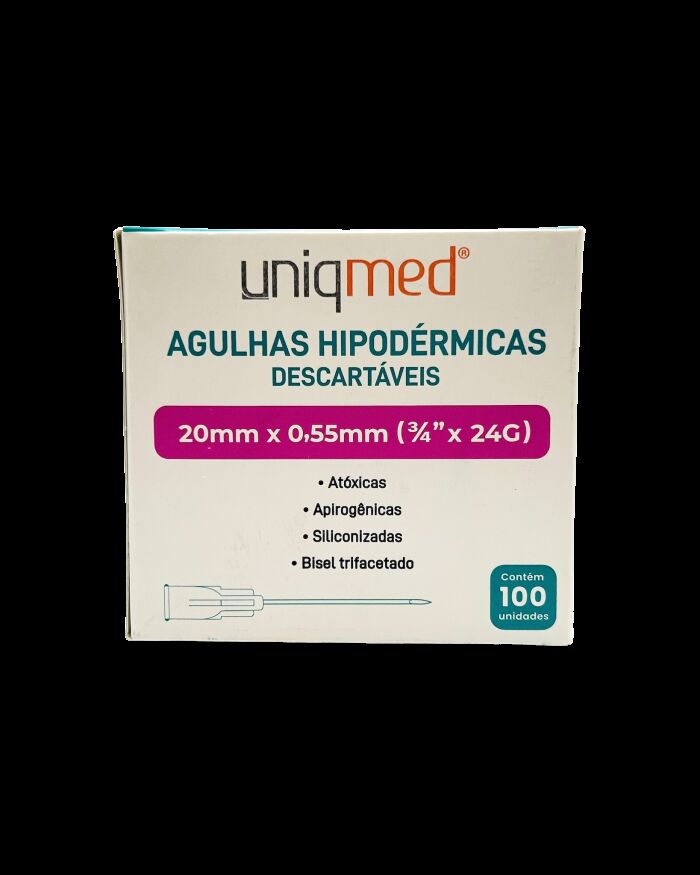 Imagem de Agulha Hipodérmica 20 x 0,55 mm 24G (3/4 Pol) Uniqmed – Caixa com 100 Unidades