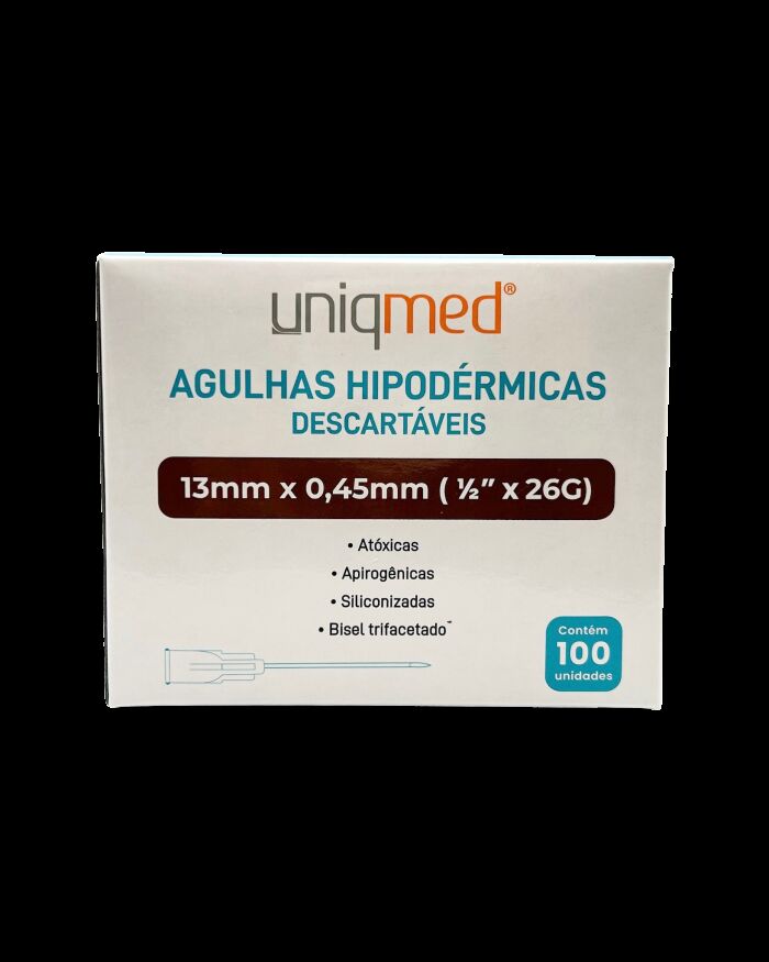 Imagem de Agulha Hipodérmica 13mm X 0,45mm 26G (1/2 Pol) Uniqmed - Caixa Com 100 Unidades