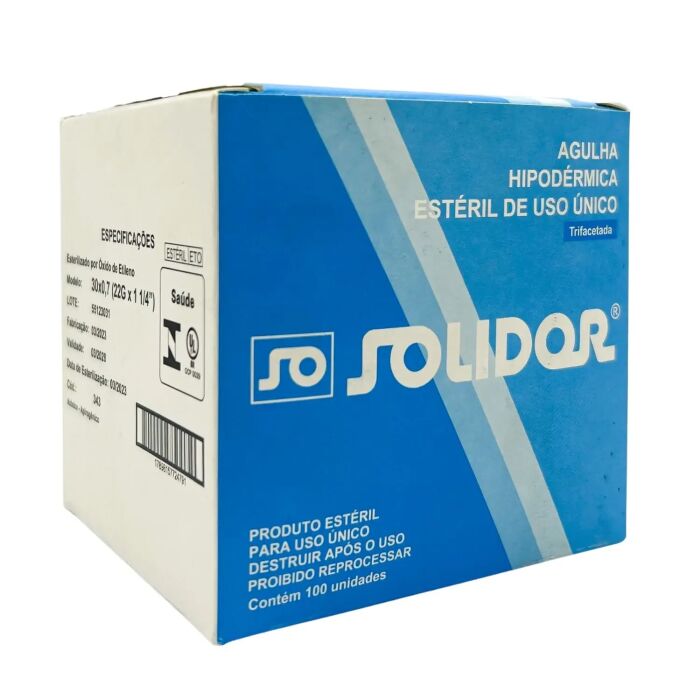 Imagem de Agulha Hipodérmica 30 x 0,70 mm 22G Solidor - Caixa com 100 Unidades