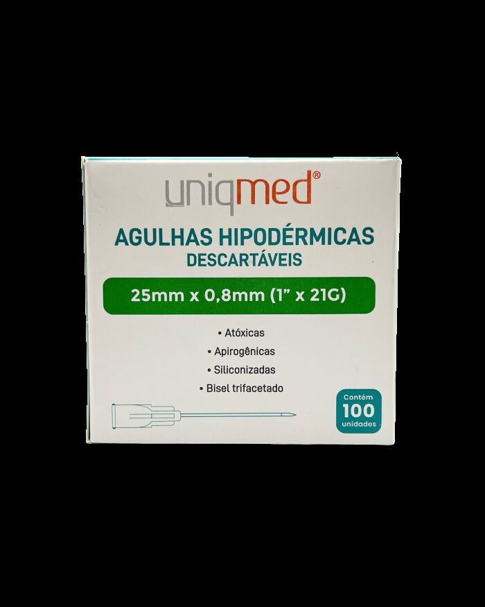 Imagem de Agulha Hipodérmica 25 x 0,80 mm 21G (1 Pol) Uniqmed – Caixa com 100 Unidades