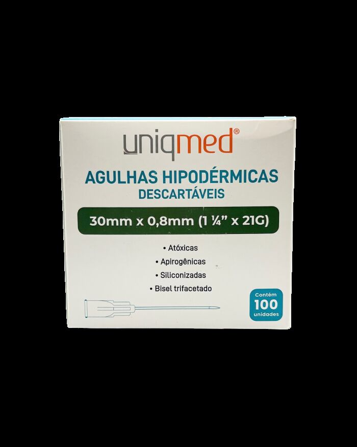 Imagem de Agulha Hipodérmica 30 x 0,80 mm 21G (1-1/4 Pol) Uniqmed – Caixa com 100 Unidades