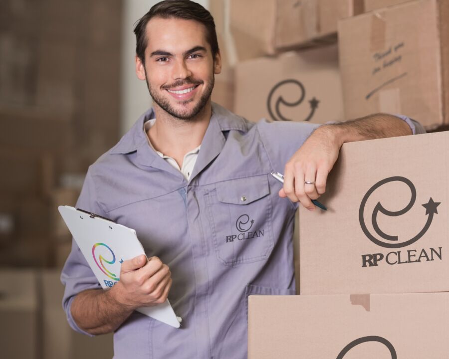 Imagem mostra funcionário da RP Clean segurando uma prancheta e parado ao lado de caixas com a logo da empresa