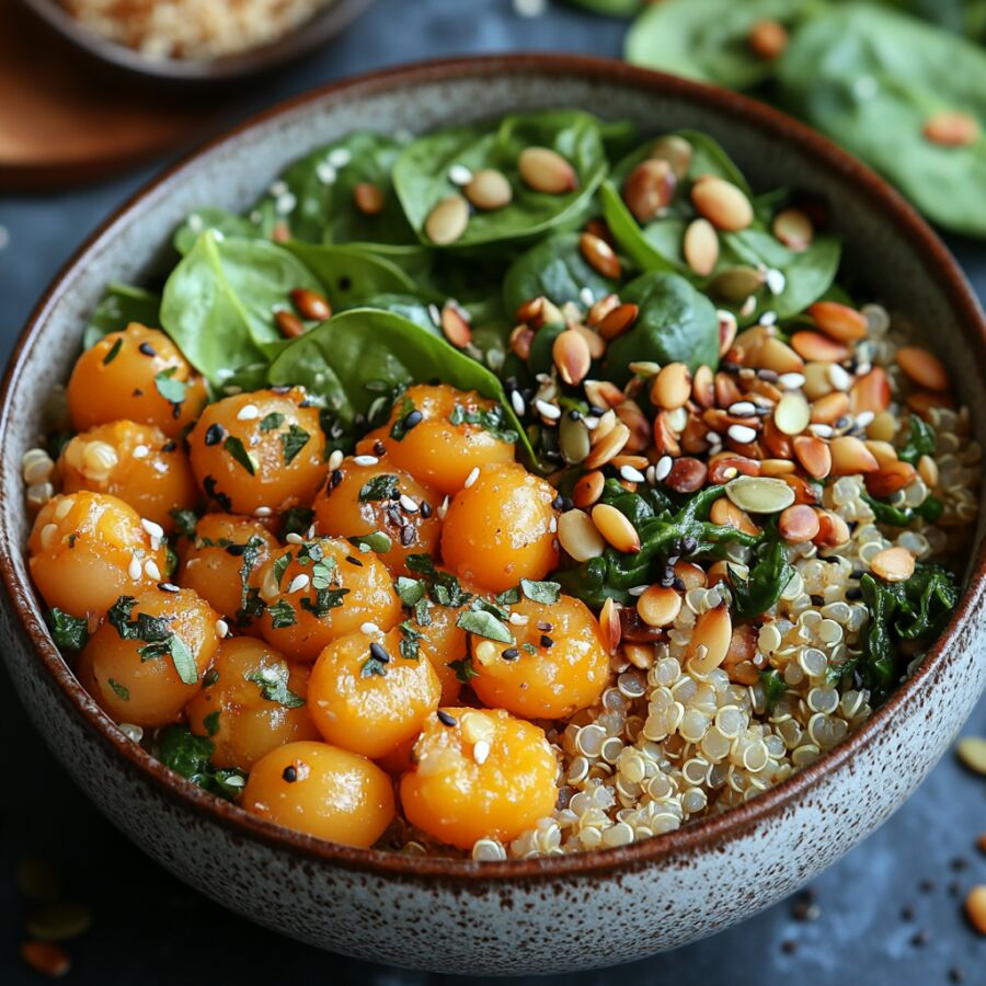 Imagem Bowl-de-quinoa-lentilha-espinafre-abóbora-e-sementes