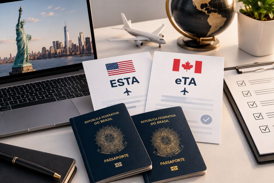 Imagem Ilustração de passaportes, ETA e ESTA - AUTORIZAÇÕES ELETRONICAS PARA OS EUA E CANADA