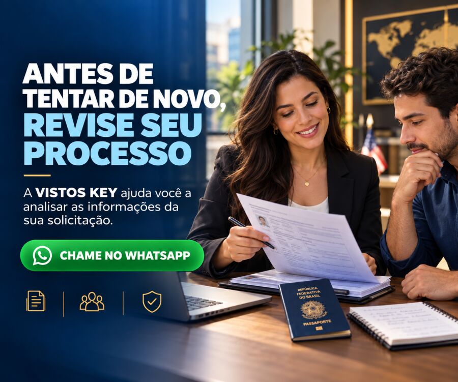Imagem Revise seu processo antes de solicitar novamente o visto americano. Faça uma análise gratuita com a Vistos Key
