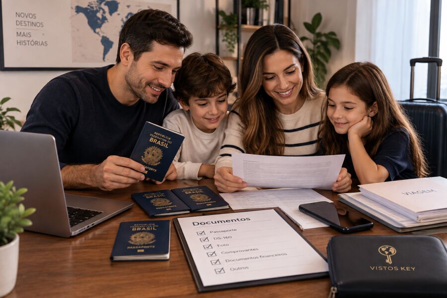 Imagem Família organizando documentos e informações para a solicitação do visto americano.